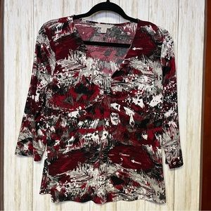 Laura Ashley Red/Black/Grey/White Top with Abstract Design 3/4 sleeves size M